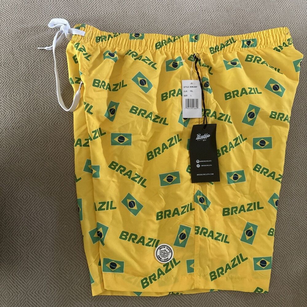 Brooklyn Cloth Brazil Brasil Flag Print Yellow Swim Trunks Mens Size Large
